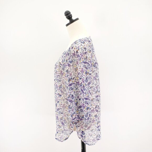 LC Lauren Conrad White Purple Blue Floral Sheer Scoop Neck Blouse Capped Large L - Picture 6 of 12